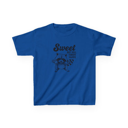 Blue t-shirt with a raccoon graphic and text on a white background