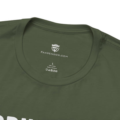 Green t-shirt with 'FanVendor.com' logo and text on a white background