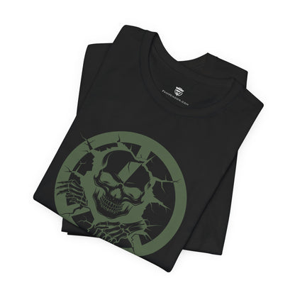 Black t-shirt with a green skull design on a white background