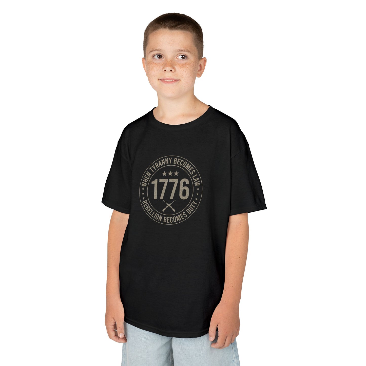 Child wearing a navy blue t-shirt with a graphic and text on a white background