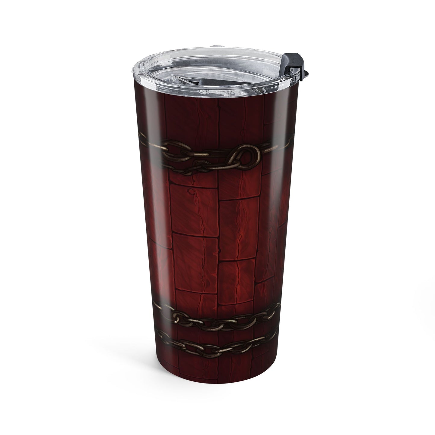 Maroon tumbler with gold bee pattern on a white background