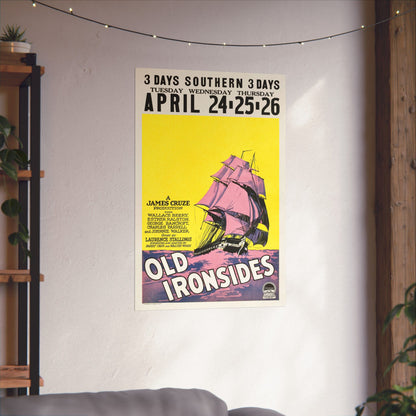 Poster for 'Old Ironsides' event with ship illustration on a wall in a room.