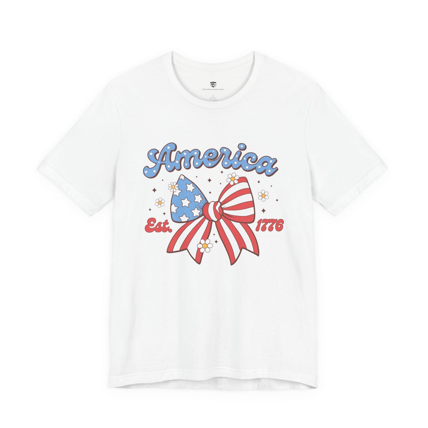 White t-shirt with 'America' and bow design on a white background