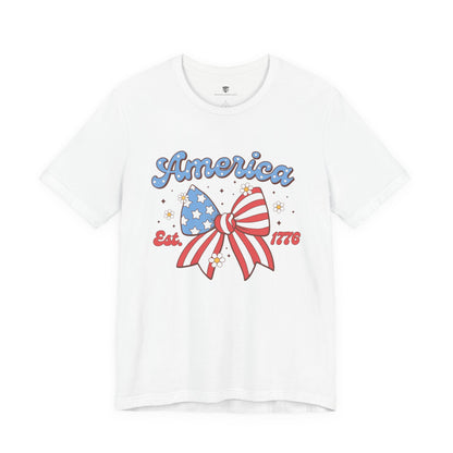 White t-shirt with 'America' and bow design on a white background