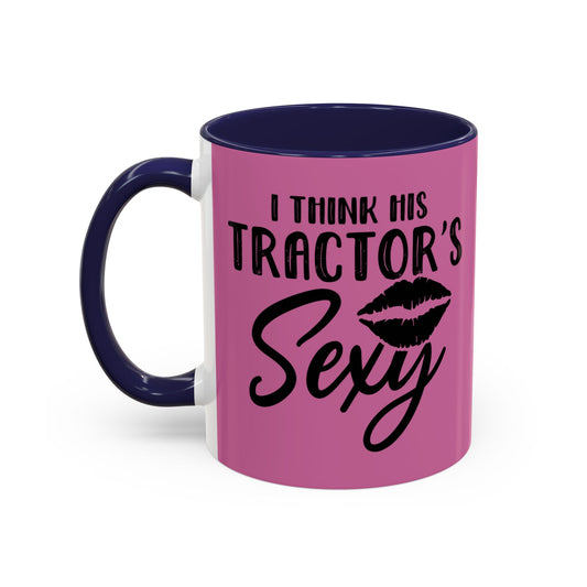 Pink mug with black text and lips design on a white background