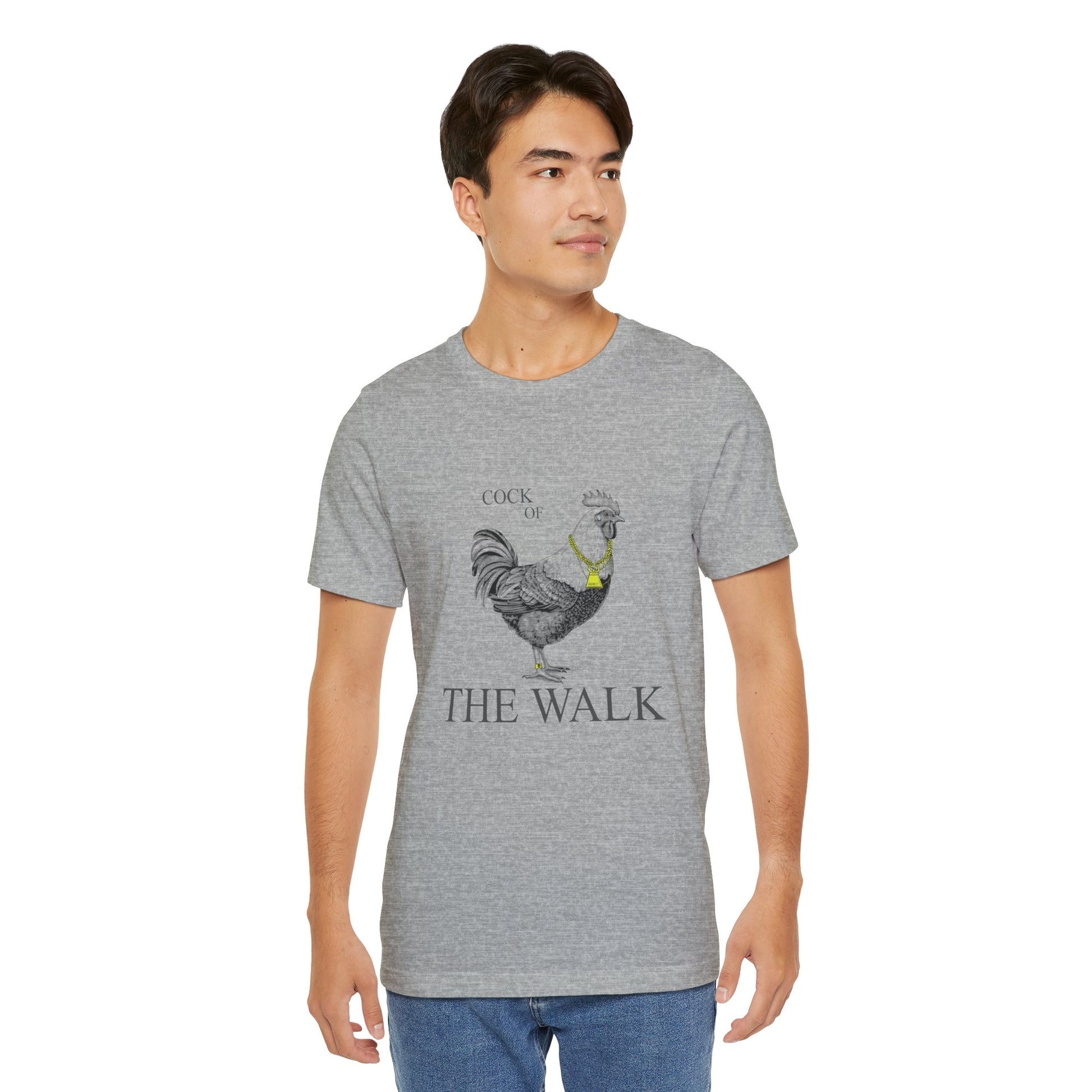 Man wearing a gray t-shirt with text on a white background