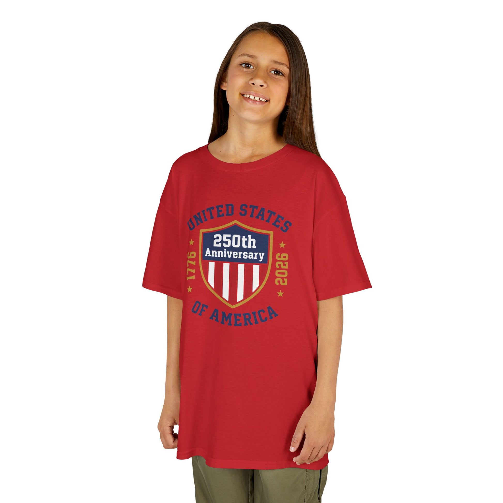 Child wearing a red t-shirt with a 250th Anniversary of the United States design on a white background