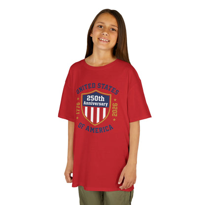 Child wearing a red t-shirt with a 250th Anniversary of the United States design on a white background