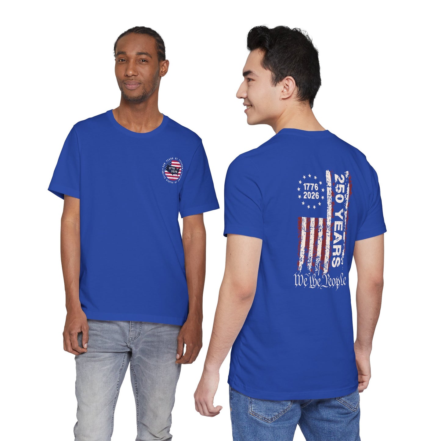 Two people wearing blue t-shirts with American flag design on a white background