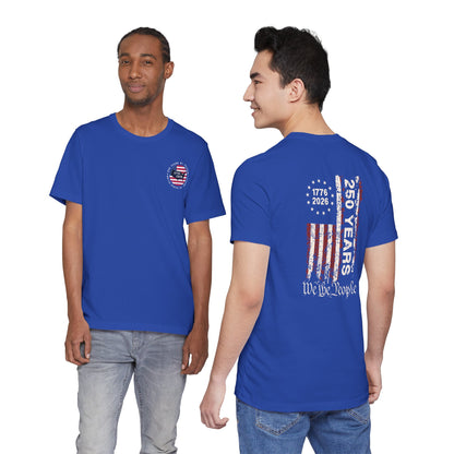 Two people wearing blue t-shirts with American flag design on a white background