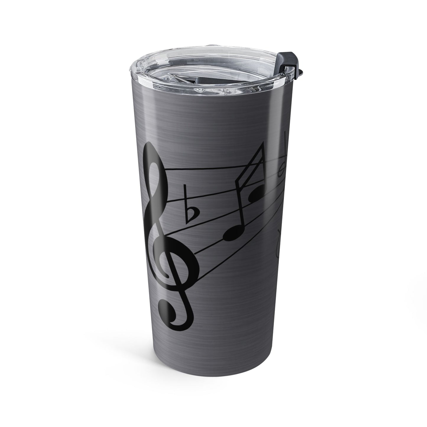 Gray tumbler with music note design on a white background