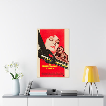 Movie poster for 'Sunset Boulevard' on a wall above a shelf with decor items.