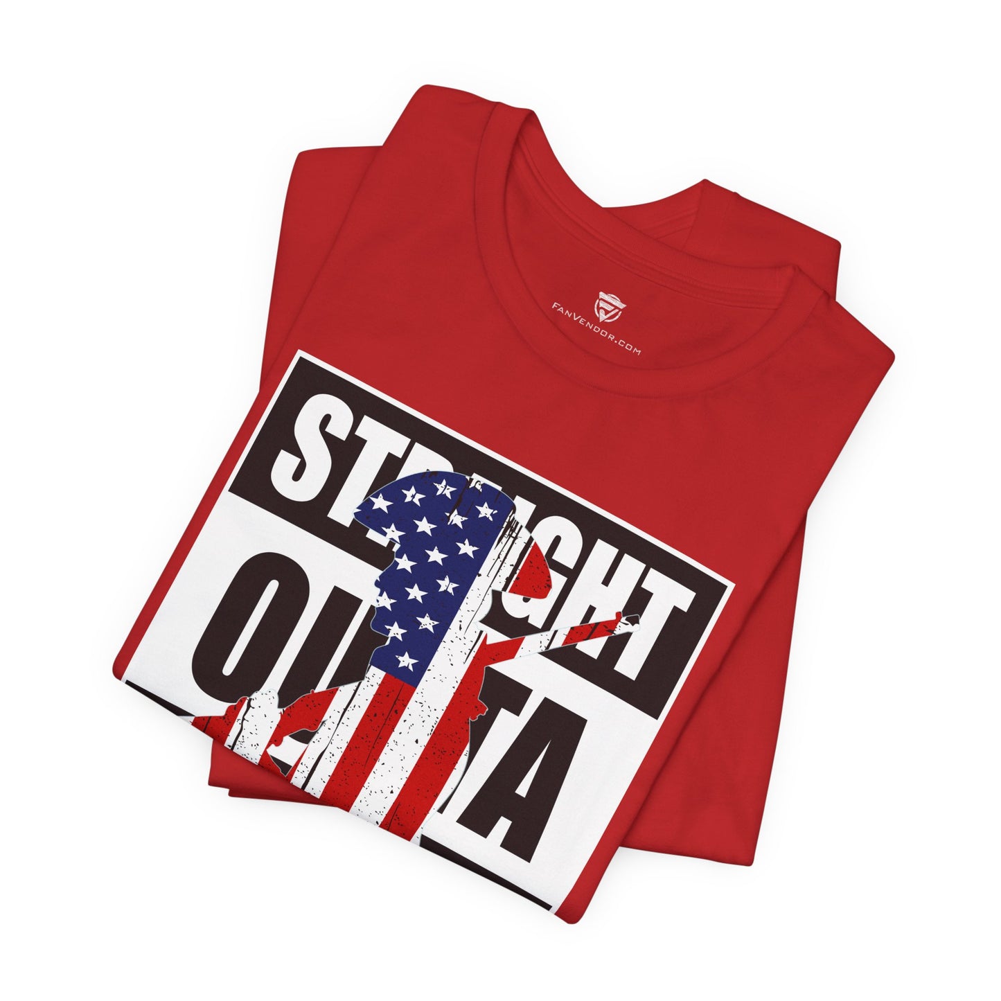 Red t-shirt with graphic design featuring text and an American flag on a white background