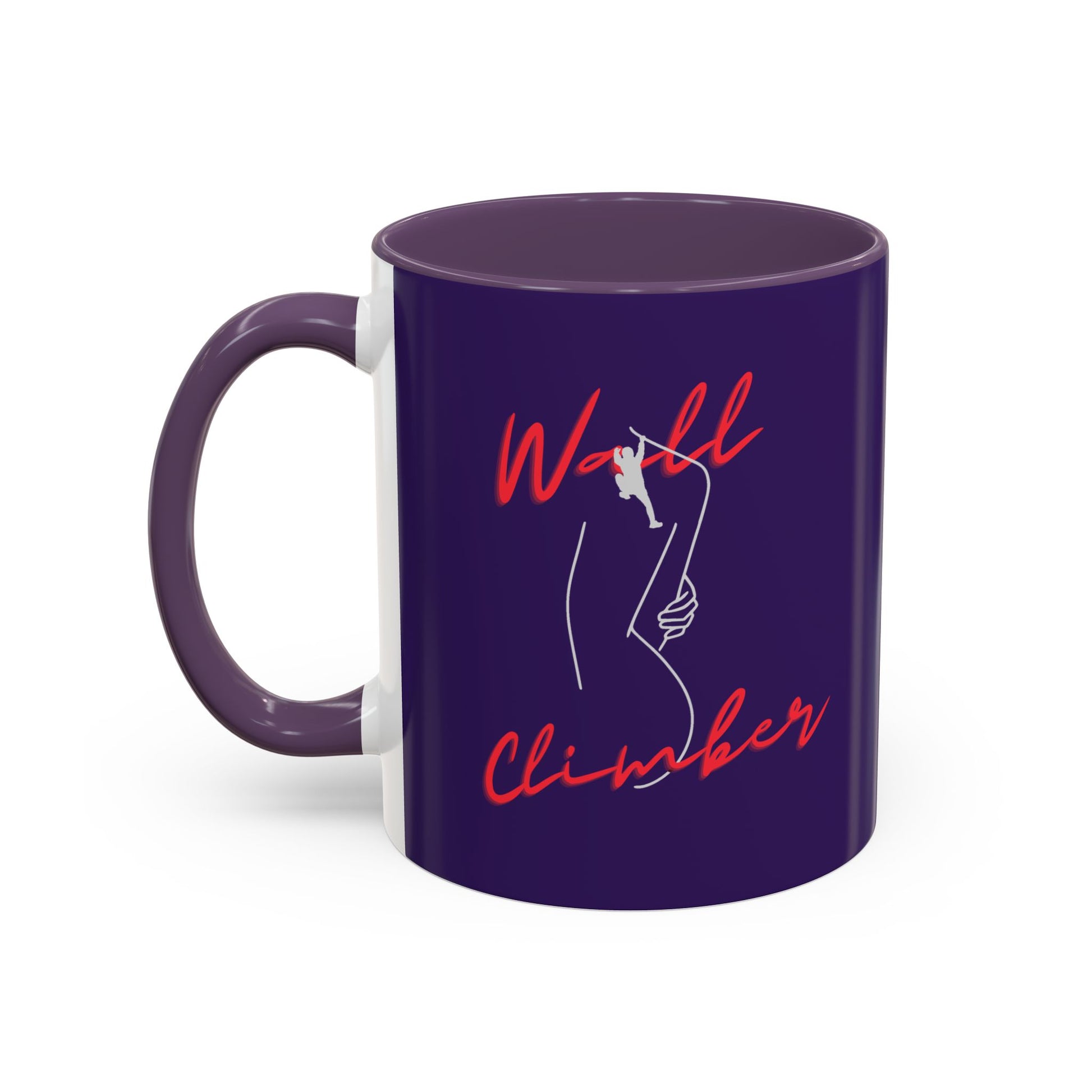 Purple mug with 'Wall Climber' text and silhouette on a white background
