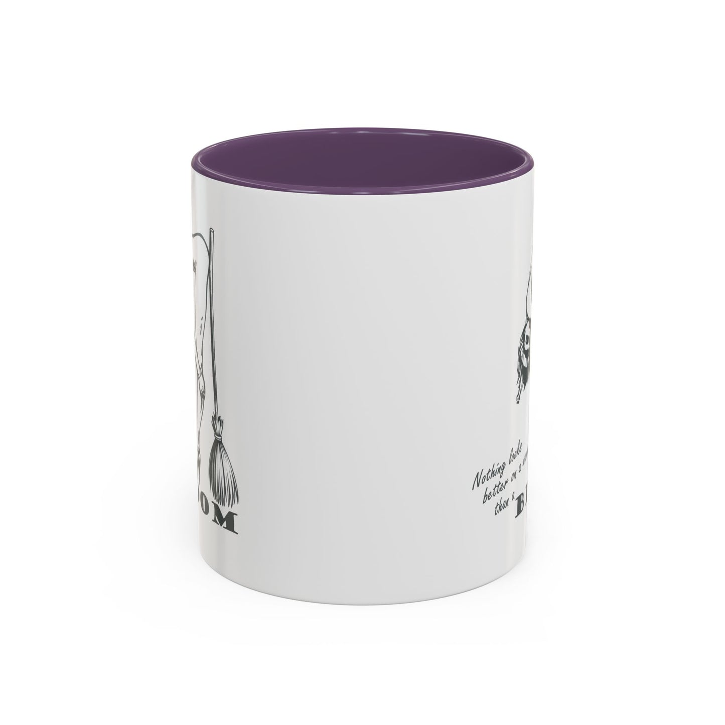 White mug with purple interior and black text and graphics on a white background