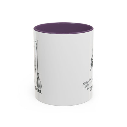 White mug with purple interior and black text and graphics on a white background