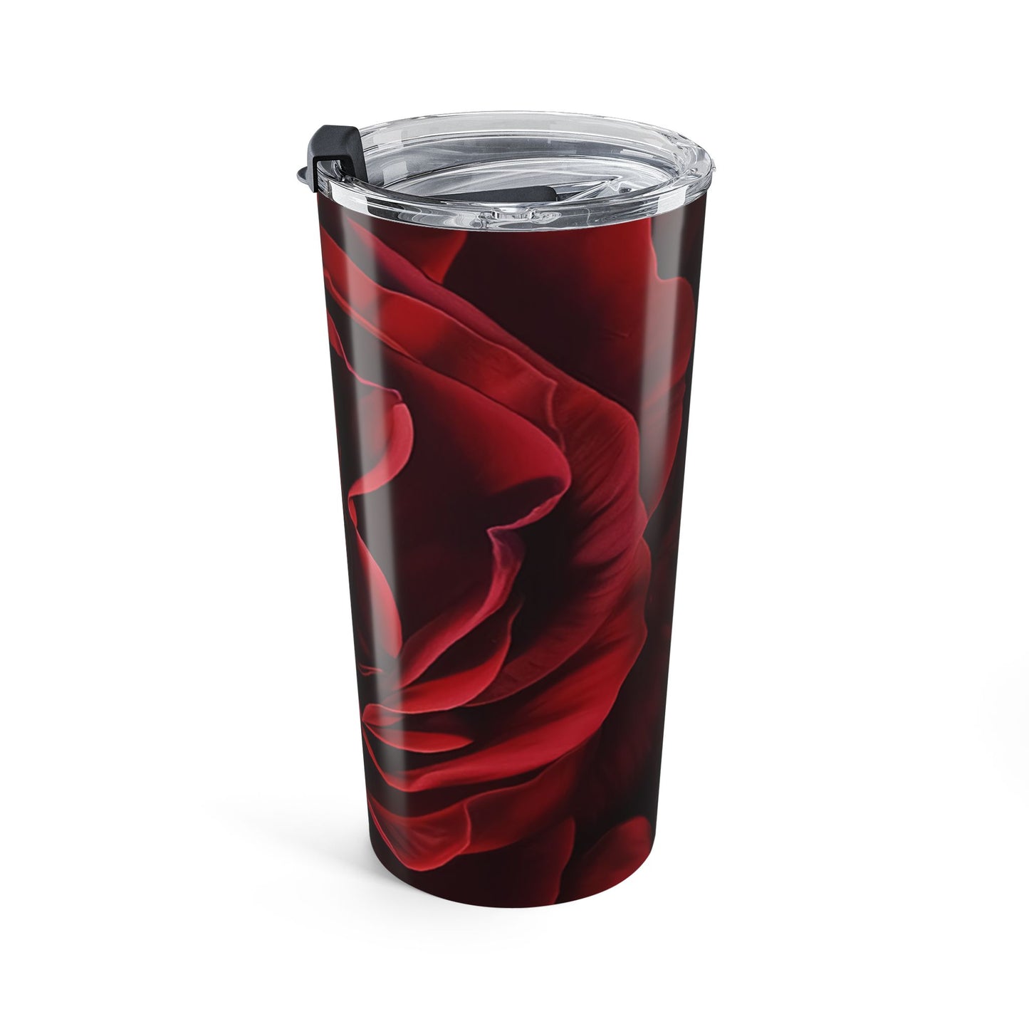 Tumbler with red rose design on a white background