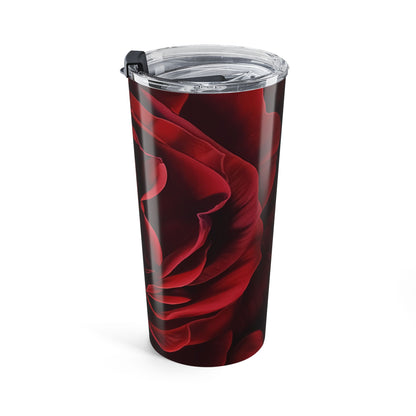 Tumbler with red rose design on a white background