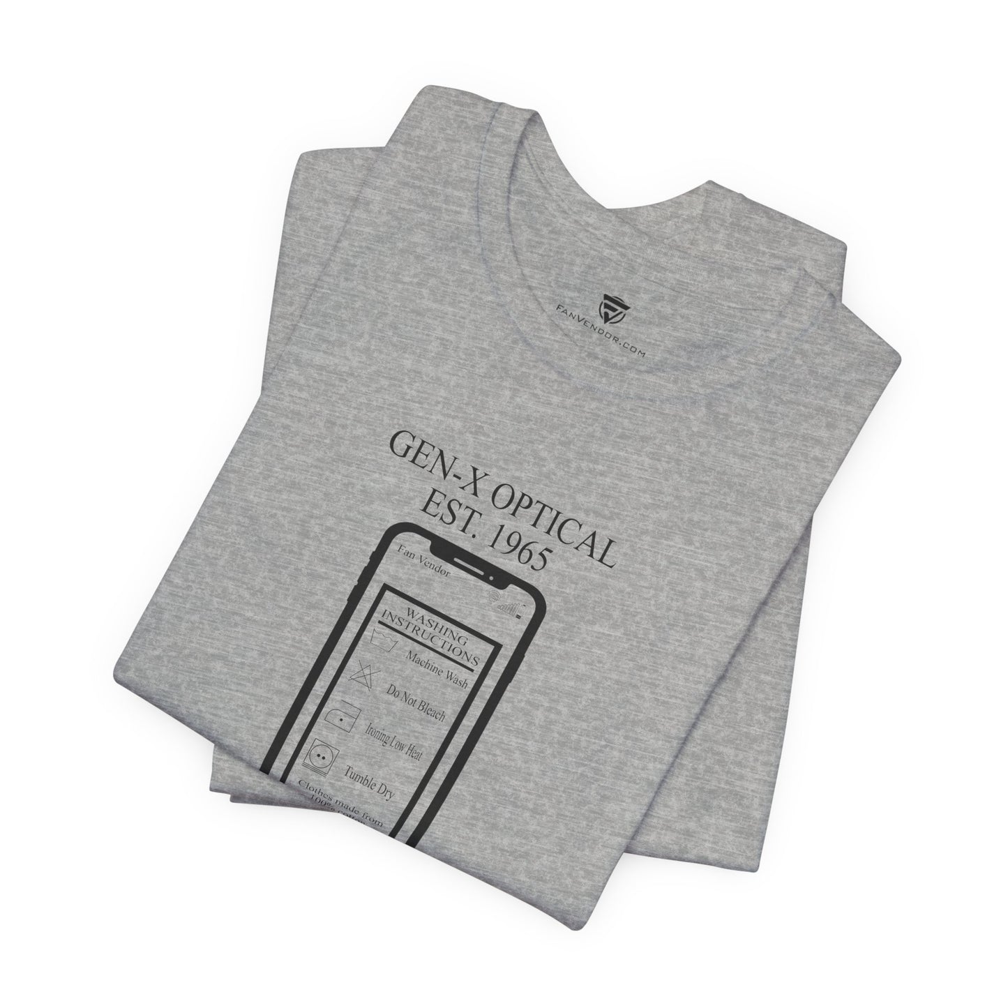 Folded gray t-shirt with branding and text on a white background