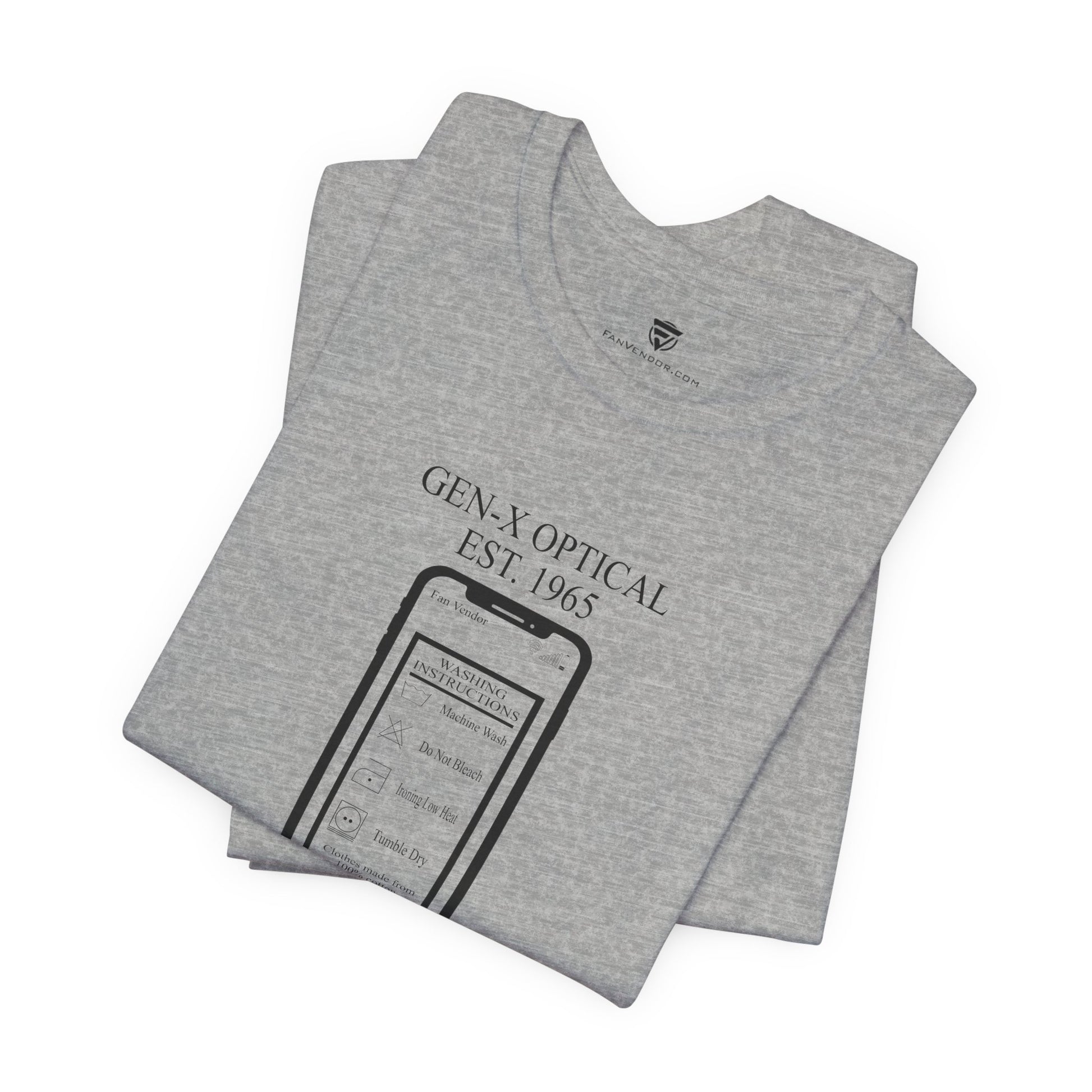 Folded gray t-shirt with branding and text on a white background