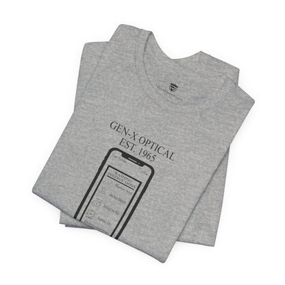Folded gray t-shirt with branding and text on a white background