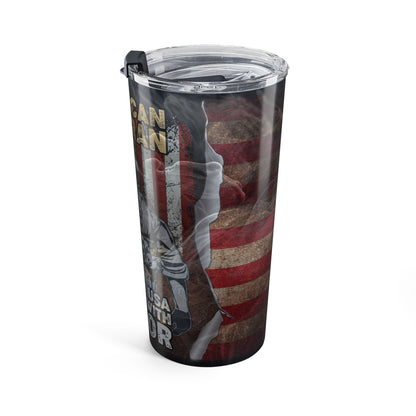 Tumbler with American flag and soldier design on a white background