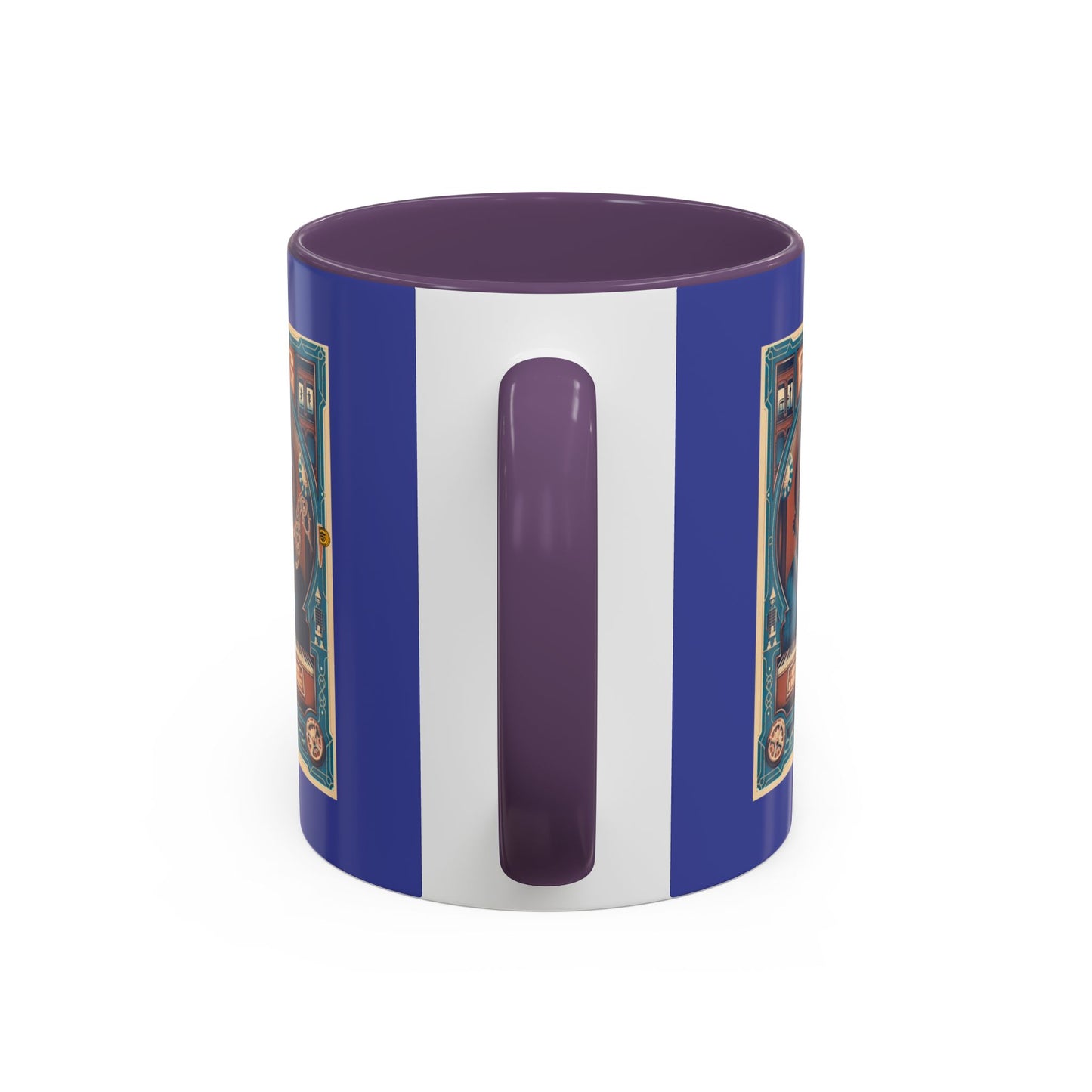 Mug with purple interior, white handle, and blue exterior with graphic designs on a white background