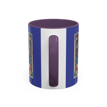 Mug with purple interior, white handle, and blue exterior with graphic designs on a white background