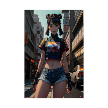Character in a futuristic cityscape with a high-rise building and street lights in the background