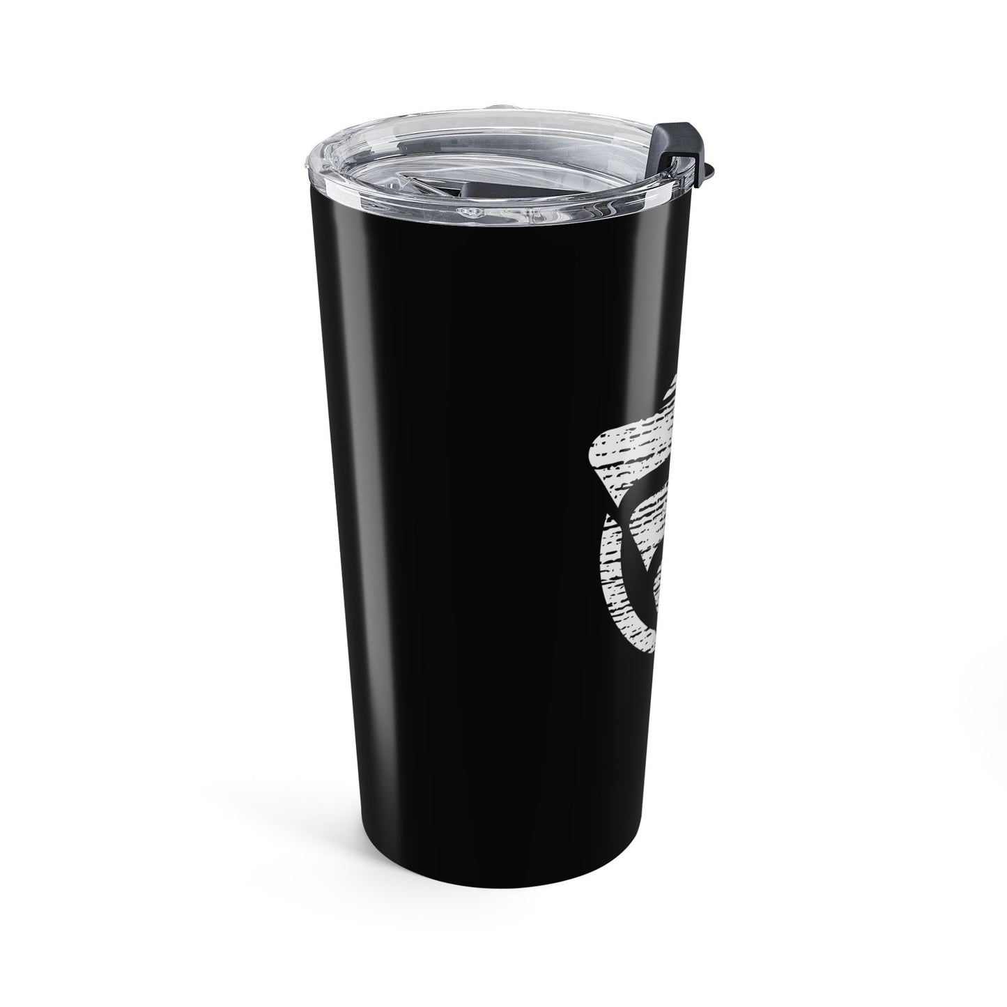 Black tumbler with a white logo on a white background