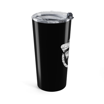 Black tumbler with a white logo on a white background