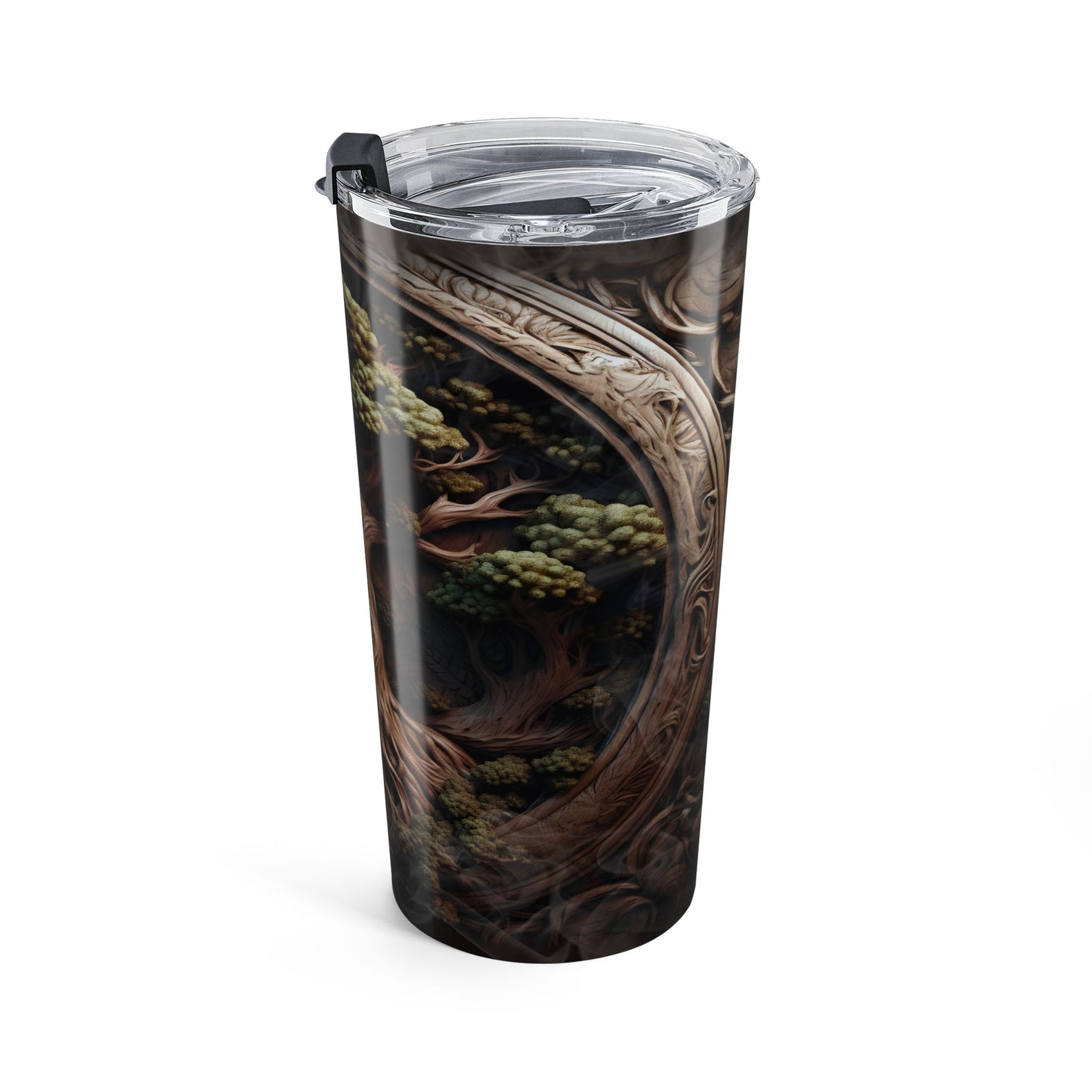 Tumbler with nature-themed design on a white background