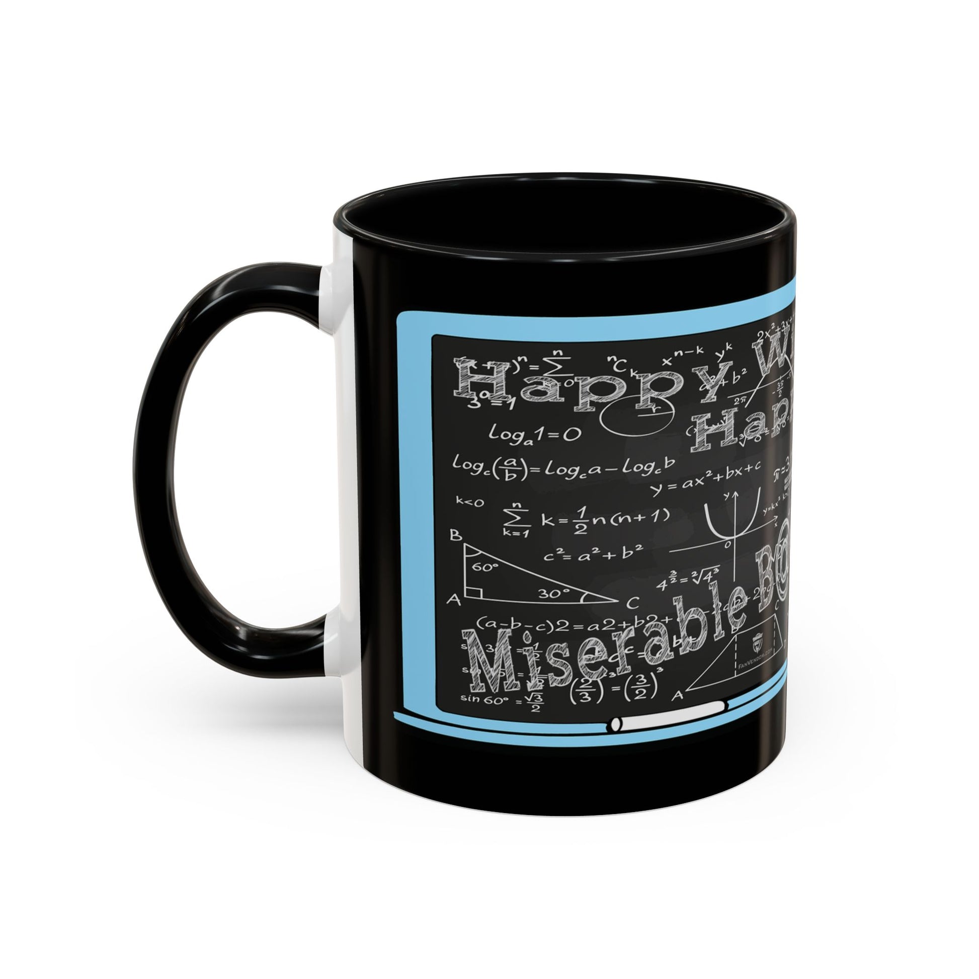 A black ceramic mug featuring a chalkboard-style graphic with white mathematical equations.