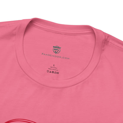 Close-up of a pink t-shirt with 'FanVendor.com' branding on the collar.