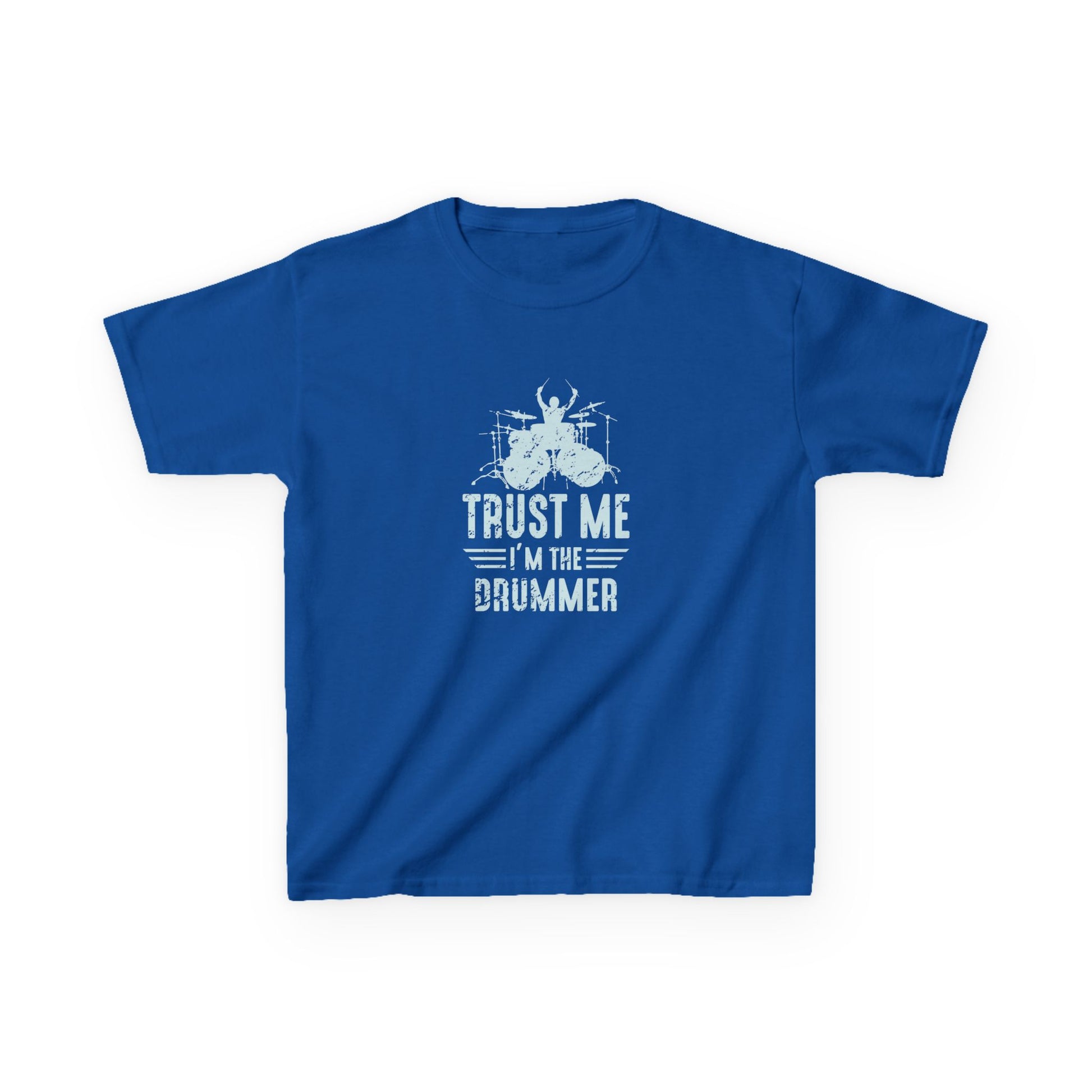 Blue t-shirt with white graphic and text on a white background