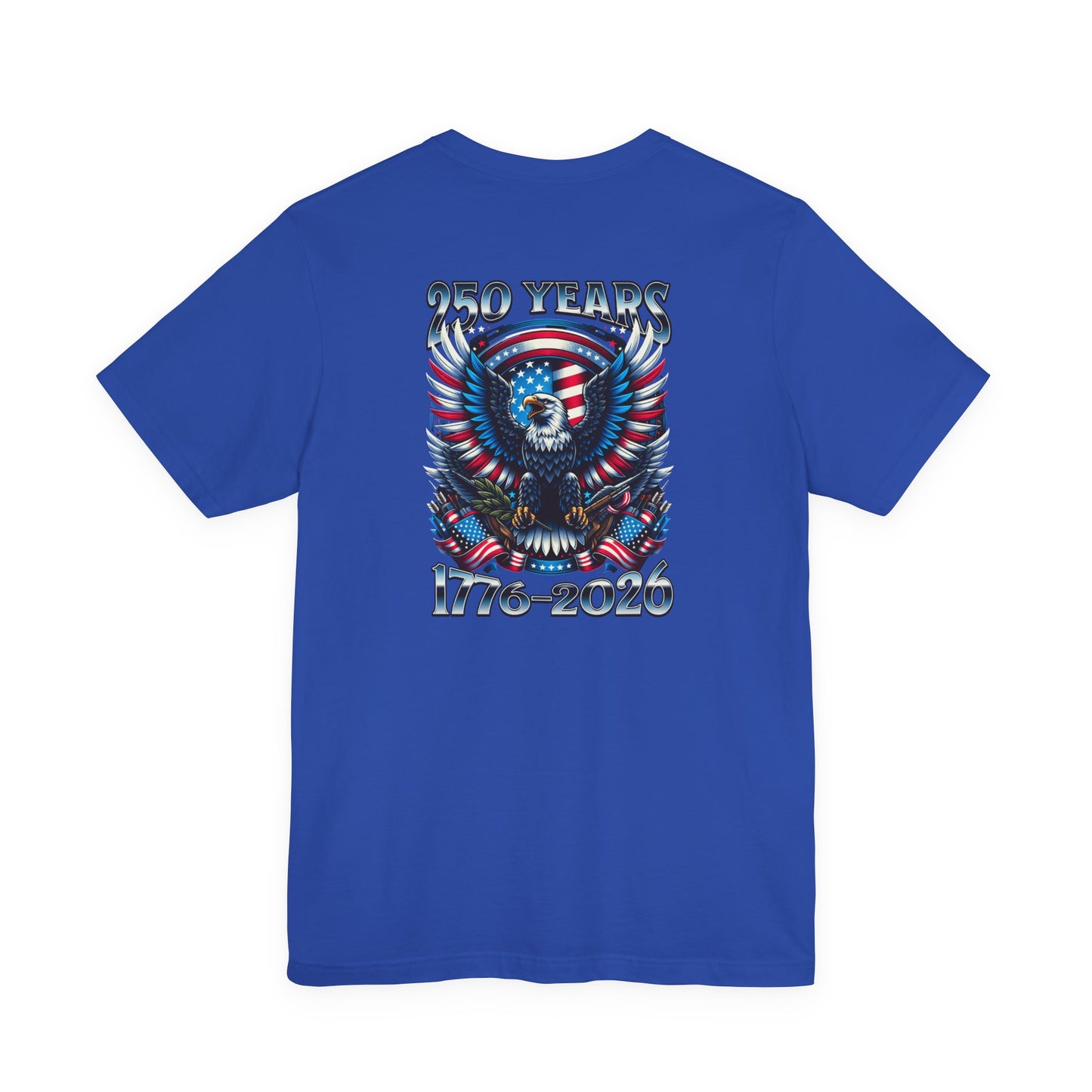 Blue t-shirt with an eagle and American flag design on the back, celebrating 250 years from 1776 to 2026.