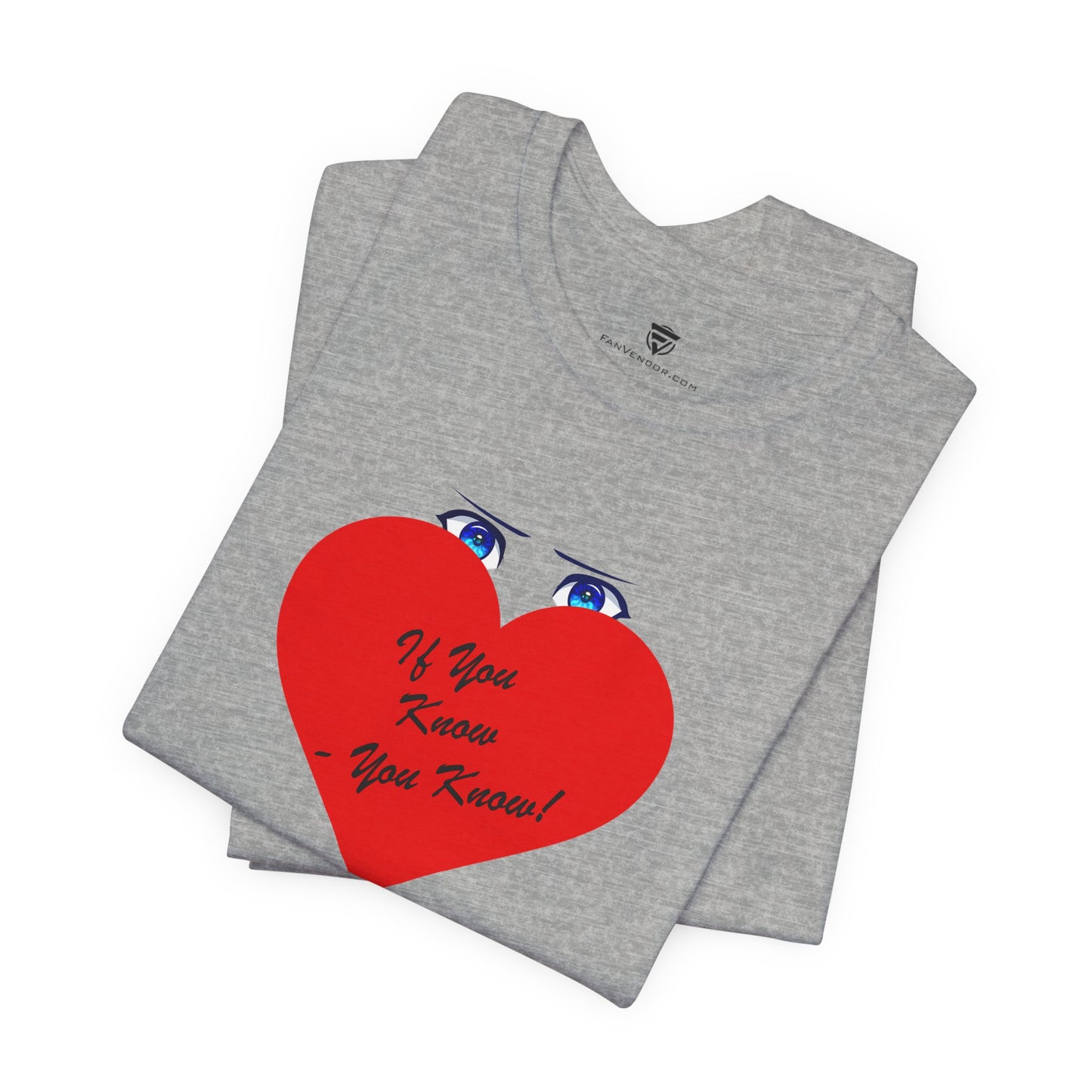 Gray t-shirt with a red heart design and text on a white background