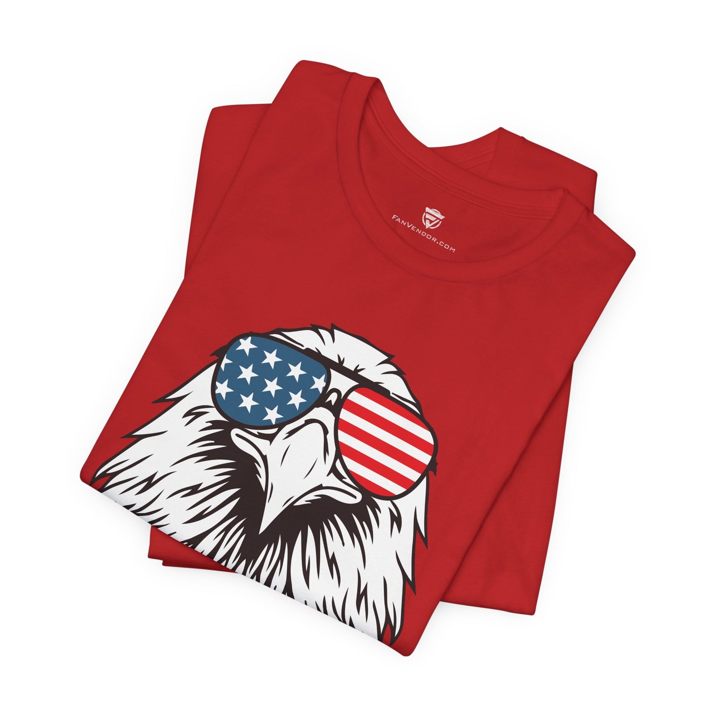 Red t-shirt with an eagle design wearing American flag sunglasses on a white background