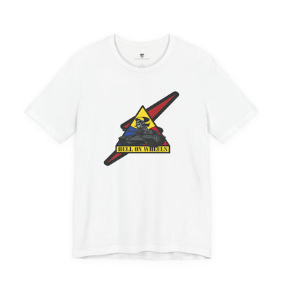 White t-shirt with a colorful graphic design on a white background