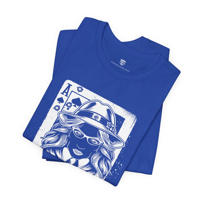 Blue t-shirt with a graphic design of a person wearing a hat on a white background