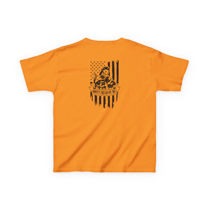 Orange t-shirt with a black graphic design on the back against a white background