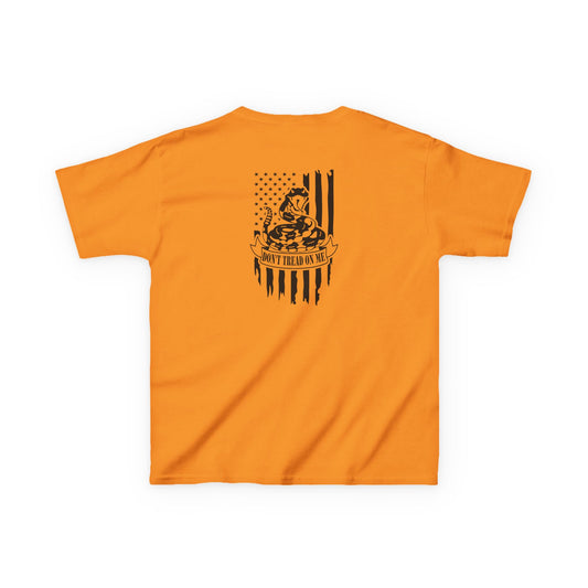 Orange t-shirt with a black graphic design on the back against a white background