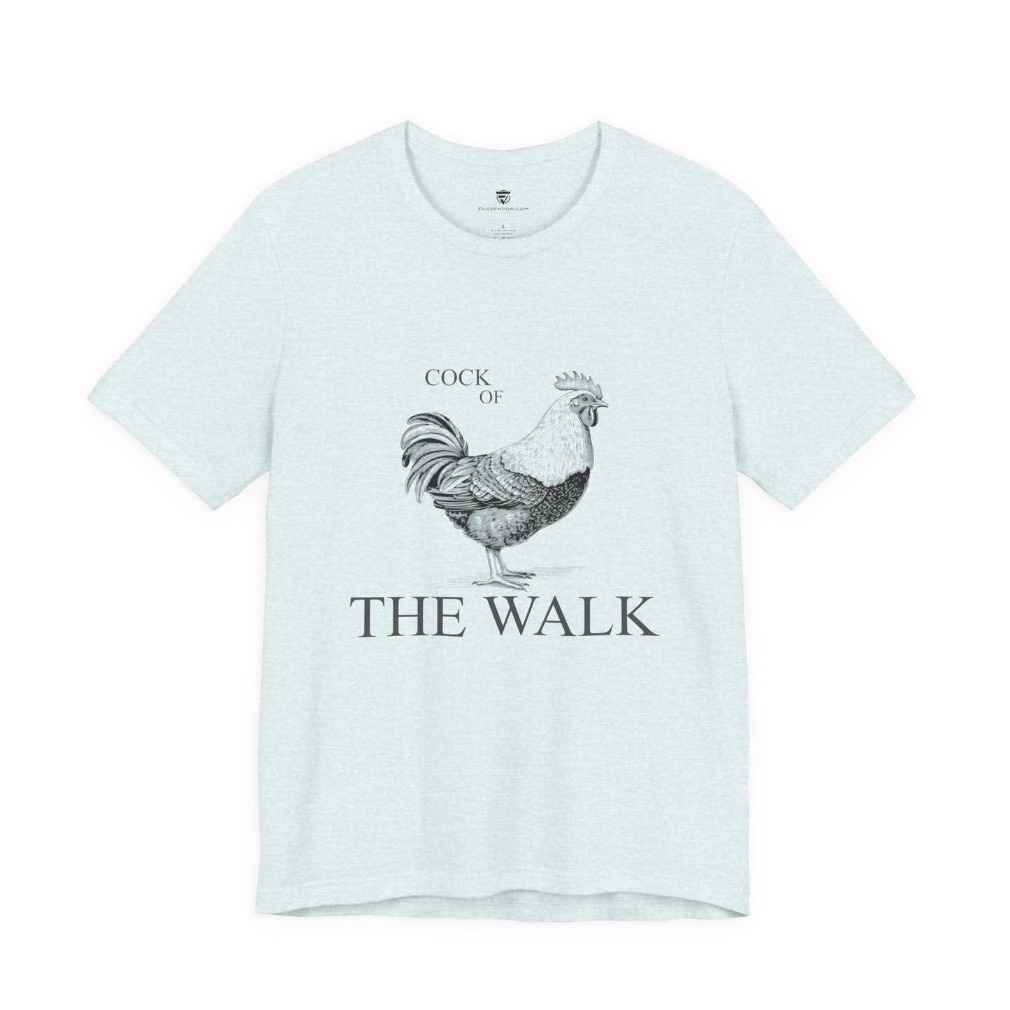 Light blue t-shirt with a rooster graphic and text on a white background