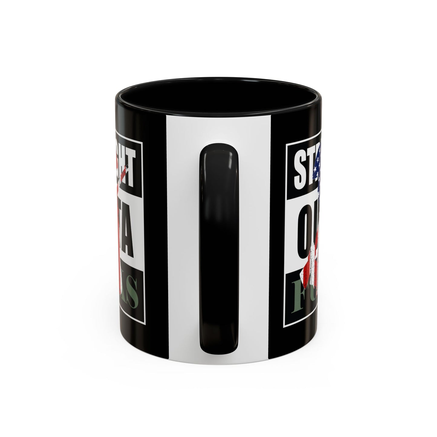 Black mug with white stripes and text on a white background