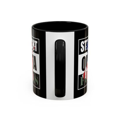 Black mug with white stripes and text on a white background