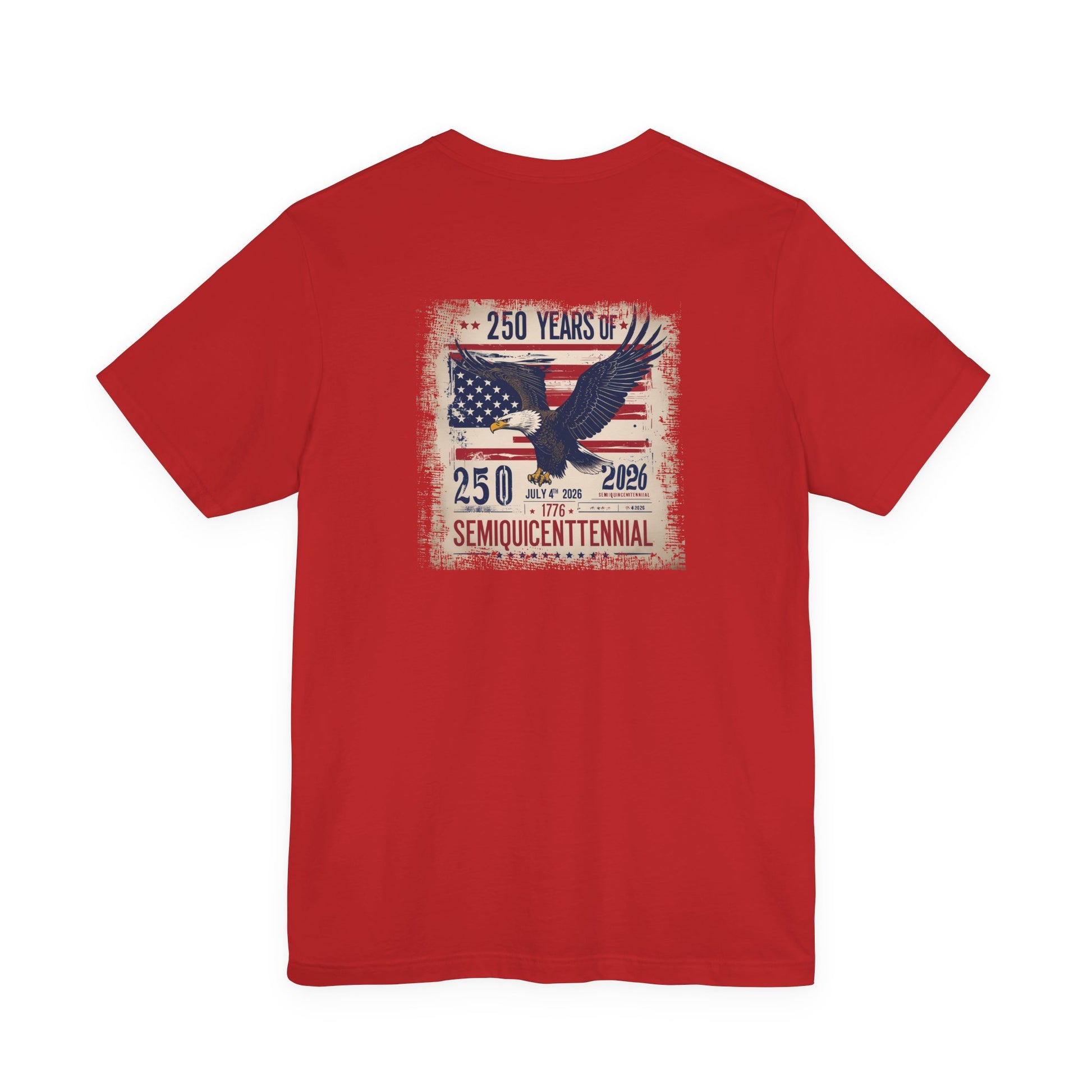 Red t-shirt with American flag and eagle design on a white background