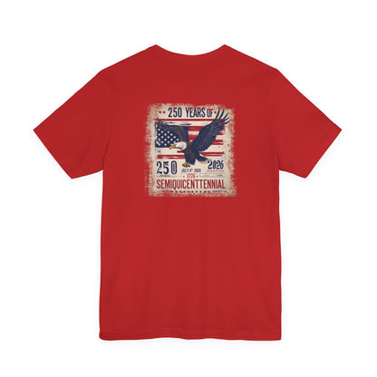 Red t-shirt with American flag and eagle design on a white background