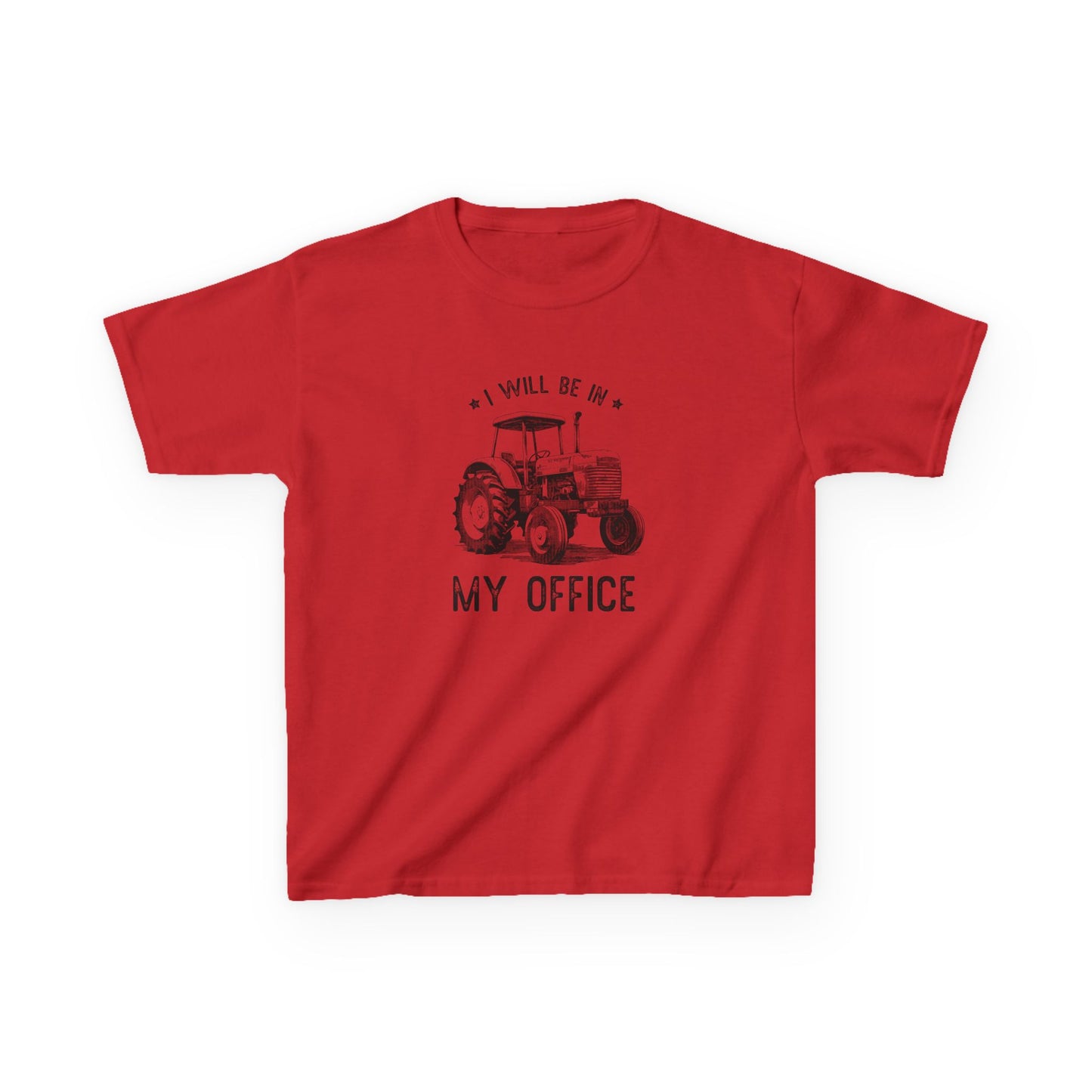 Red t-shirt with a black tractor graphic and text on a white background