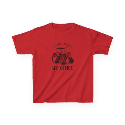 Red t-shirt with a black tractor graphic and text on a white background