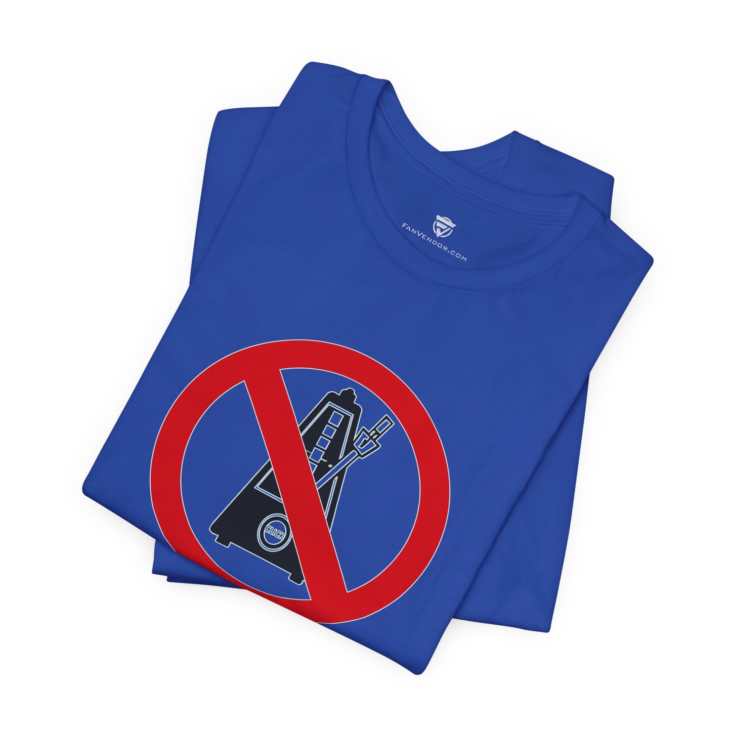 Blue t-shirt with a red and black symbol on a white background